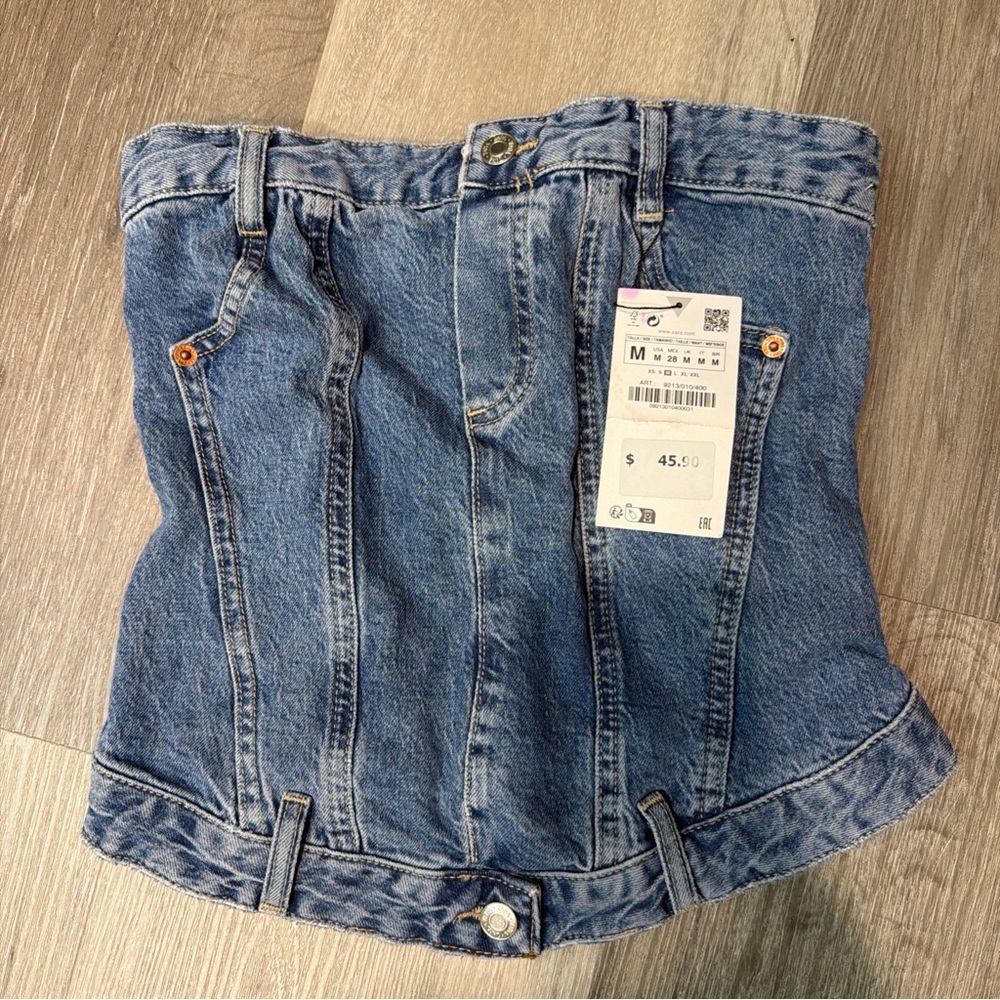 Zara Women’s Denim Corset Top Strapless zip back top Size Medium NWT